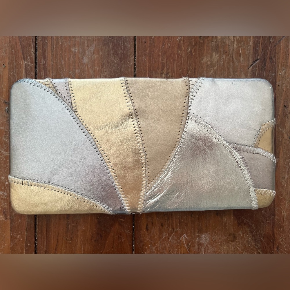Bebe Vintage Metallic Gold Silver Patchwork Leather Clutch